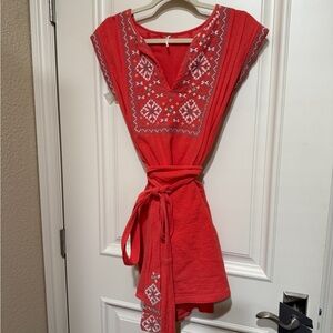 Free People Red Tie Front Embellished Mini Dress